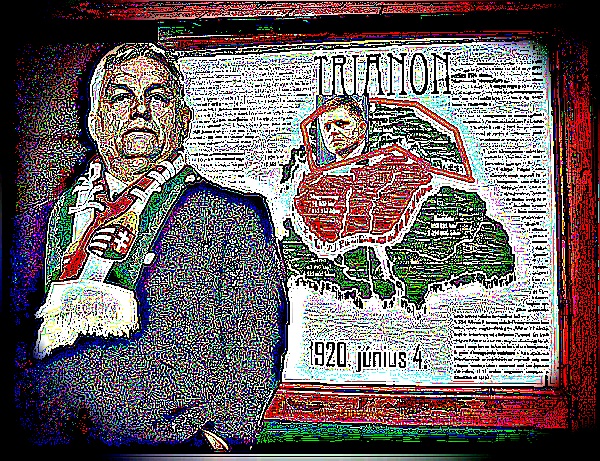 - PREMIÉR ORBÁN PŘED MAPOU ROZERVANÉHO UHERSKA  PO R. 1920, KTERÉ BY CHTĚL ZNOVU OBNOVIT, O ČEMŽ SVĚDČÍ I ŠÁLA  SE SYMBOLY UHERSKÝCH ZEMÍ - fantazijní koláž : -dv